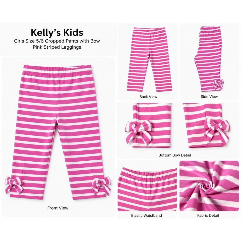 Kellys Kids Pink White Striped Bow Hem Capri Leggings Girls Size 5-6 CKPP‎
